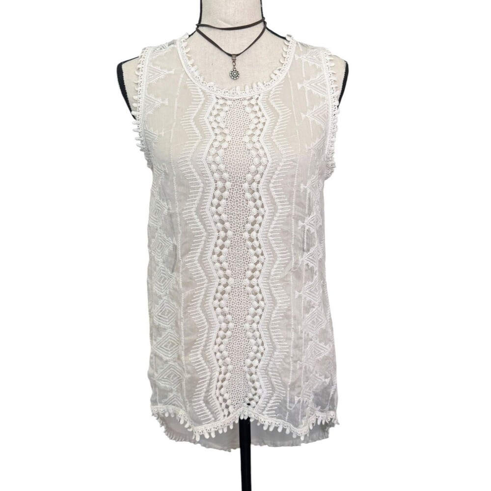 W5 Ivory Boho Embroidered Crochet Lace Sheer Tank Top Festival Medium